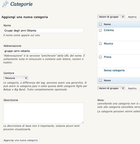 convertire le categorie in tassonomie personalizzate