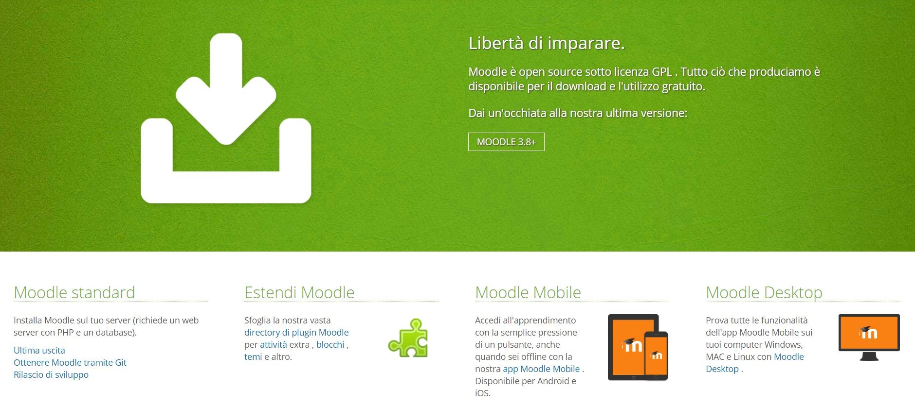 La schermata di installazione della piattaforma Moodle e le varie versioni possibili